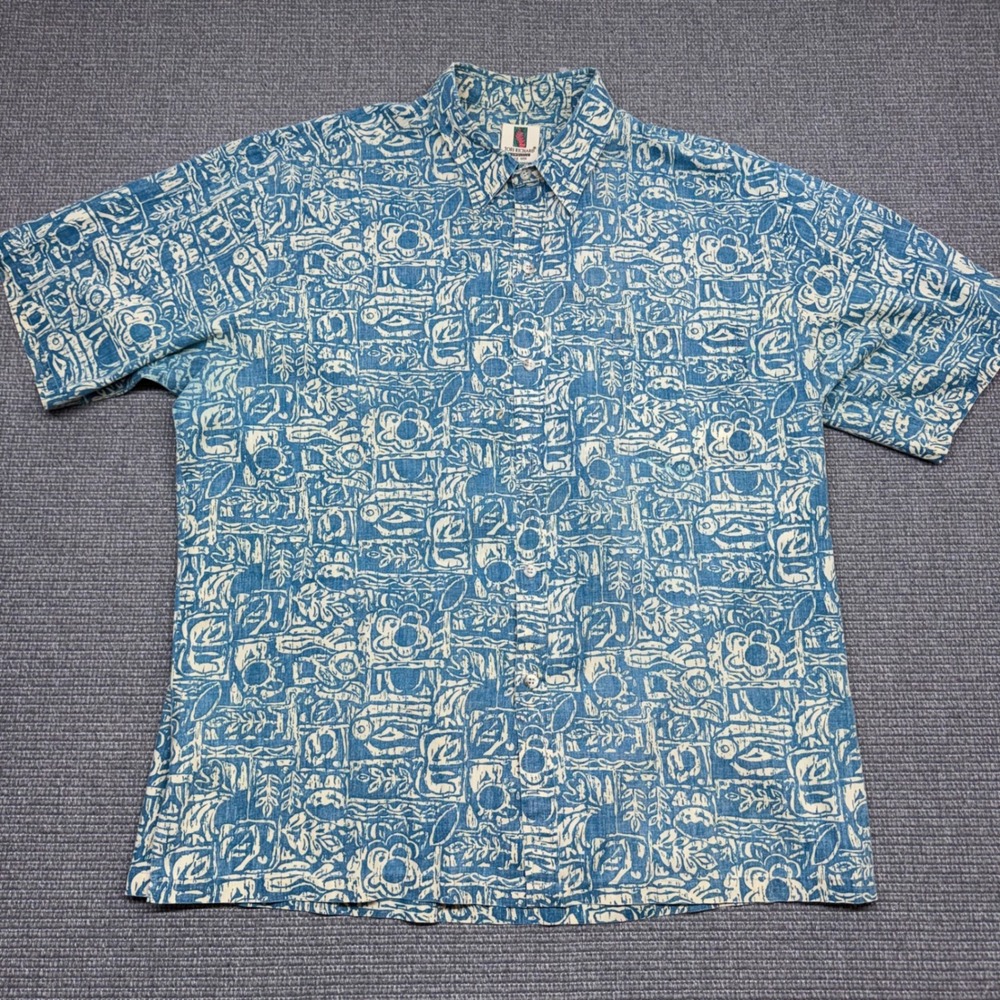 Tori Richard Honolulu Mens XXL Blue Floral Block Print Aloha Shirt Hawaii Made